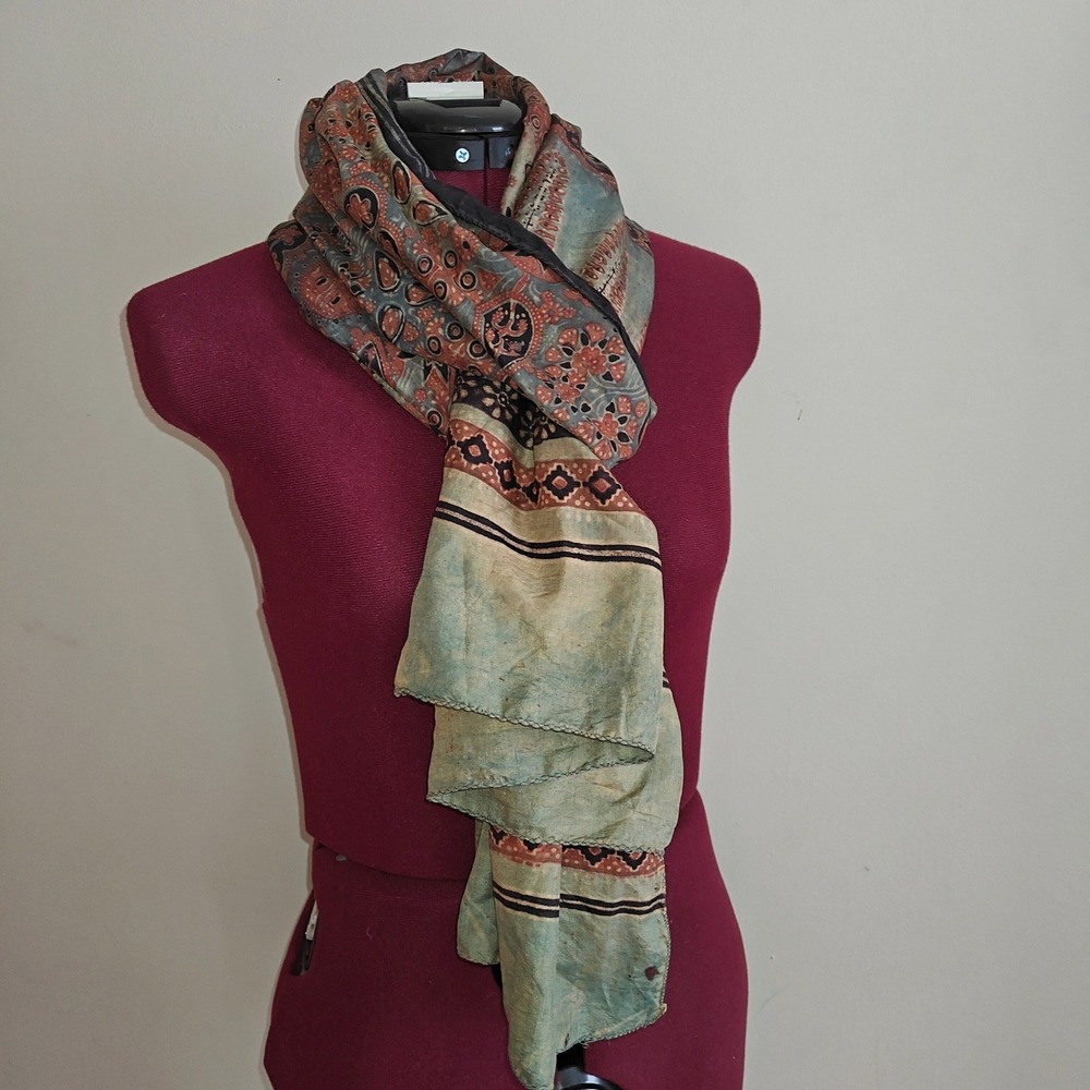 Fabindia Silk Scarf Block Print Paisley Floral Sage Green Terracotta Boho Wrap